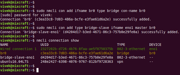 Create bridge interface using nmcli on Linux